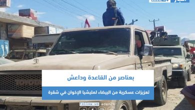 صورة بعناصر من القاعدة وداعش .. تعزيزات عسكرية من البيضاء لمليشيا الإخوان في شقرة