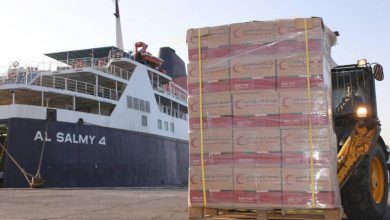 صورة تحمل أطنانا من المواد الغذائية .. رسو سفينة مساعدات إماراتية في ميناء المكلا