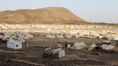 صورة اتهامات للحوثيين باستخدام النازحين في مخيم الزور بصرواح كـ«دروع بشرية»