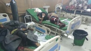 صورة قتلى وجرحى مدنيين إثر قصف حوثي استهدف كلية الآداب في #تعز اليمنية