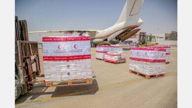 صورة وصول طائرة إغاثية إماراتية إلى المكلا تحمل أطنان من المساعدات الغذائية