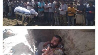 صورة تشييع مهيب لجثمان الشهيد ياسين الحيدري إلى مثواه الأخير بمقبرة منطقة سليم بالضالع