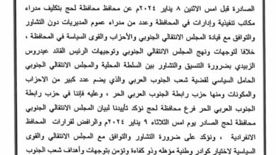 صورة حزب رابطة الجنوب العربي الحر (الرابطة) فرع محافظة لحج يعلن موقفه الرافض لقرارات المحافظ
