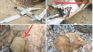 صورة حزام أبين: الطائرة الحوثية المسيرة التي سقطت قرب مشروع (طريق باتيس – رصد) كانت مفخخة